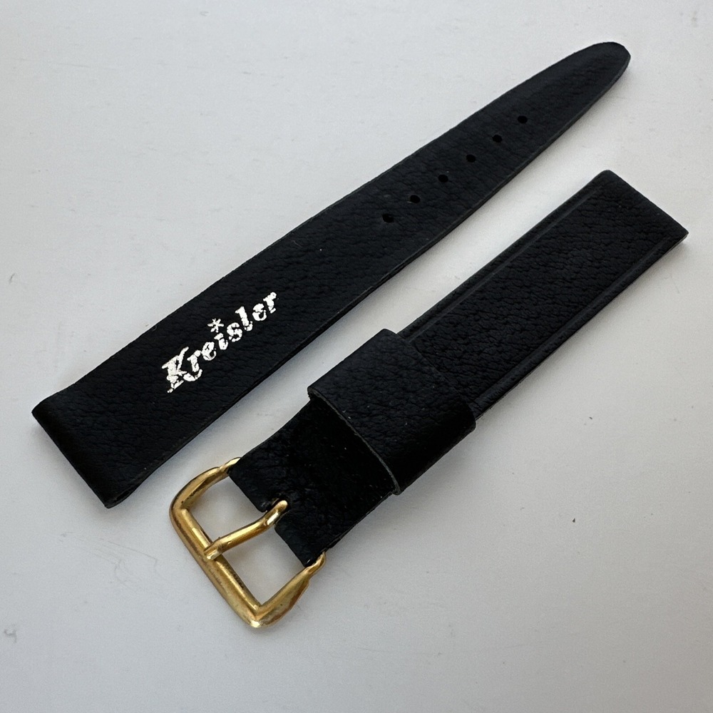 Kreisler Vintage Black Leather Watch Strap 5/8 Inch 16mm Gold Buckle Band